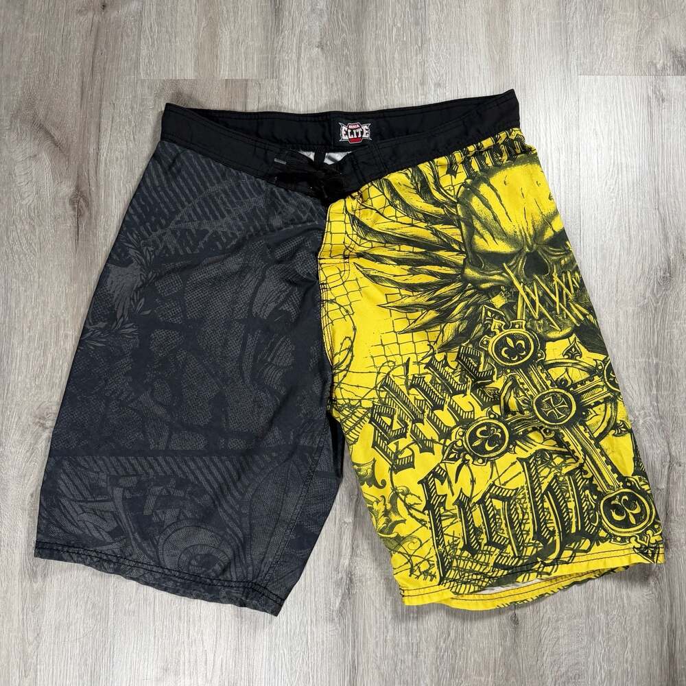 Y2K MMA Elite Men's Skull and Cross Graphic Hybrid Fighter Shorts Large Grunge